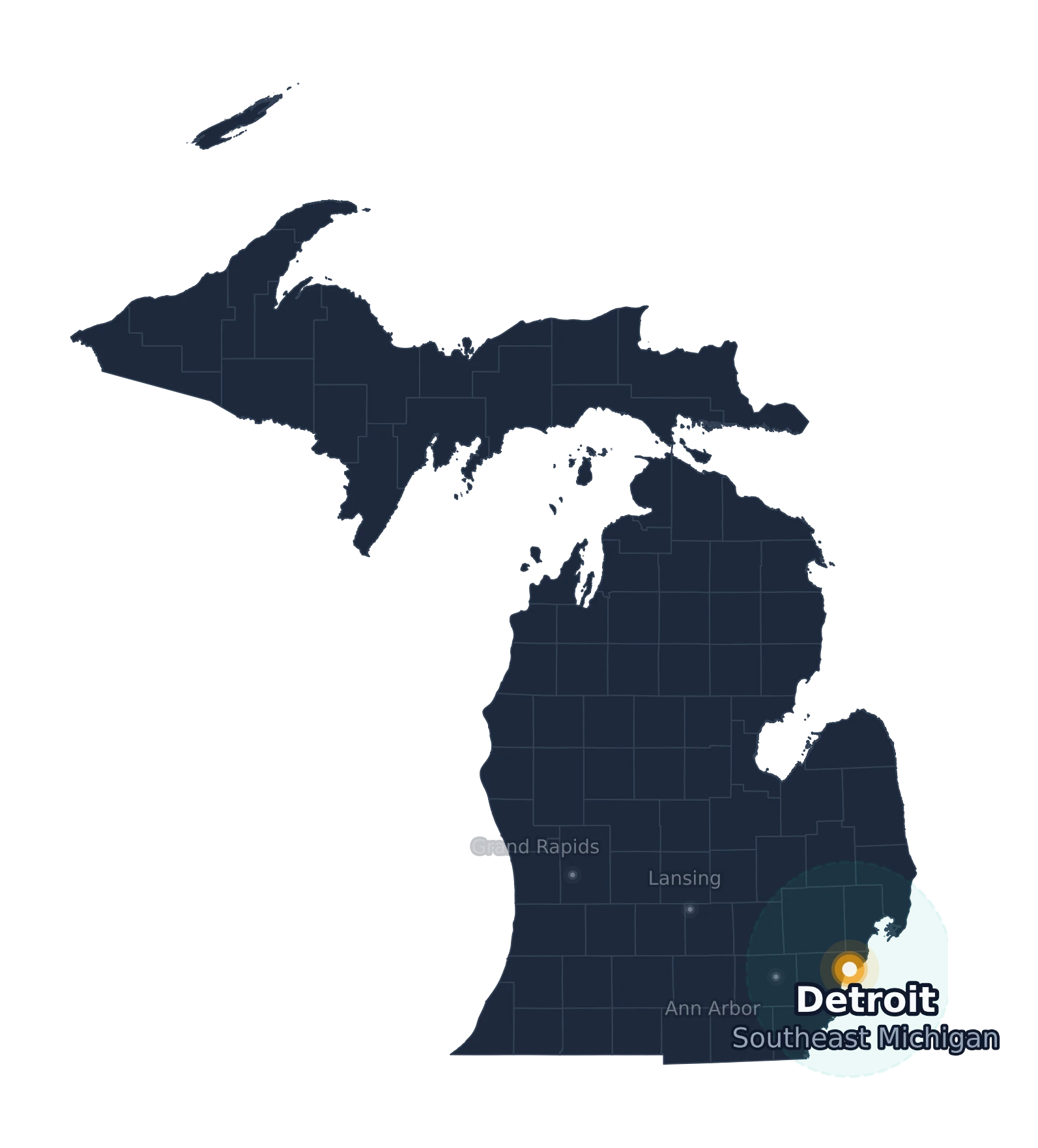Map of Michigan highlighting Detroit and Southeast Michigan service area