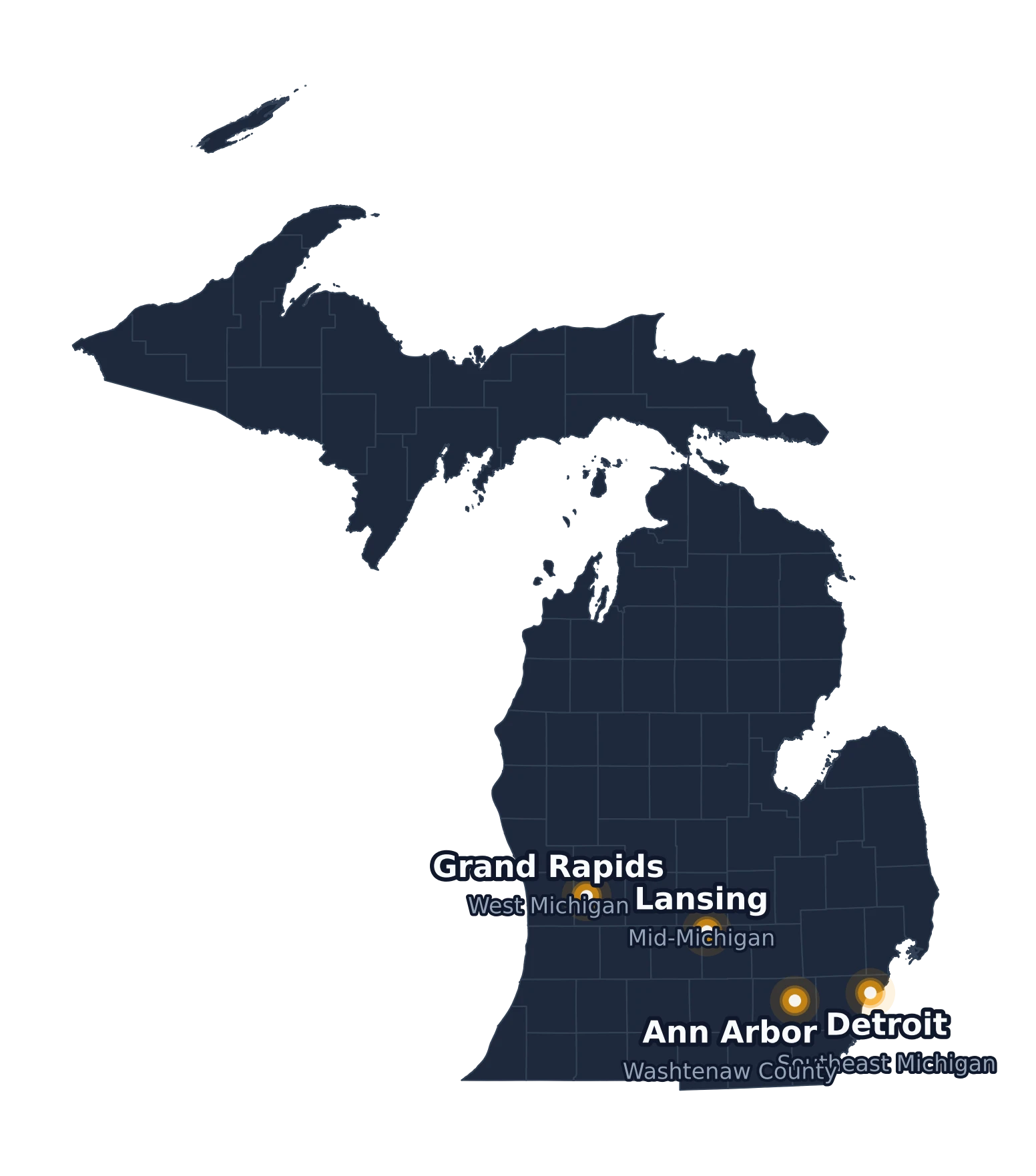 Map of Michigan showing licens.io service locations: Grand Rapids, Lansing, Ann Arbor, and Detroit