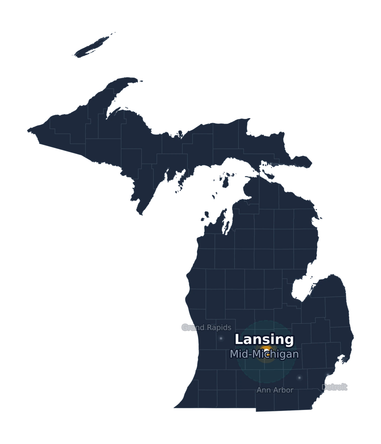 Map of Michigan highlighting Lansing and Mid-Michigan service area